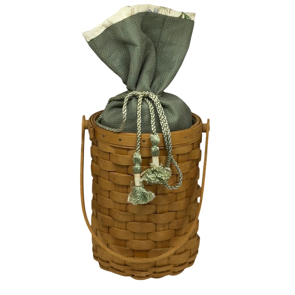 Longaberger Beverage Tote Wine Basket Brown Woven Sage Green Fabric Liner 2005